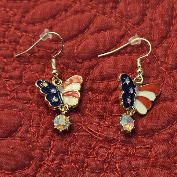 Drop Earrings 14k Gold Plated Butterfly Flag Pattern Design Patriotic Jewelry - Picture 3 of 5